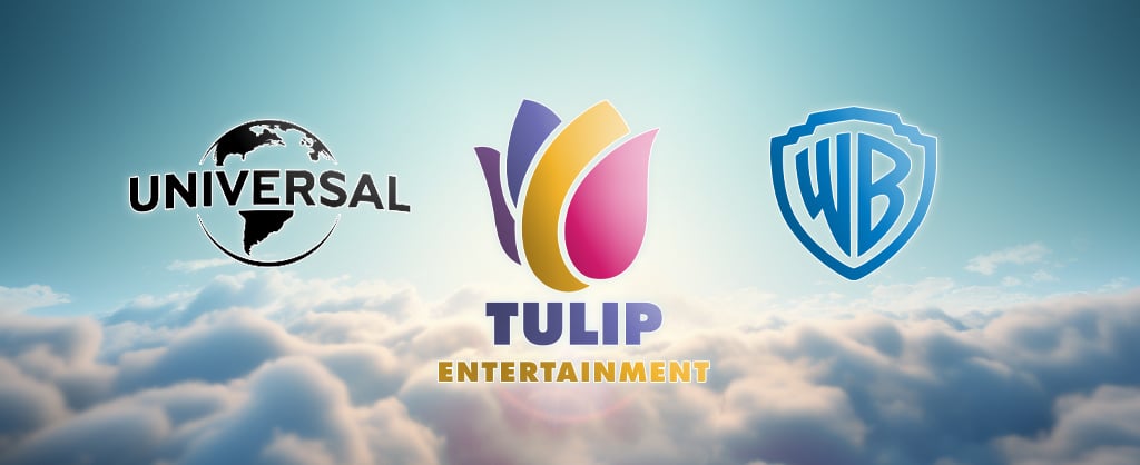 3 logos over the clouds, universal logo tulip logo and Warner bros logo